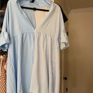 Light Blue Striped & Solid Mixed-Panel Women’s Dress
